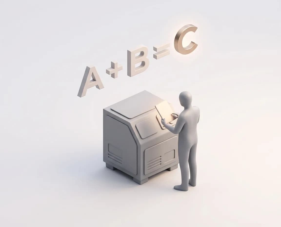 Человек у промышленного станка и формула A+B=C — оценка технического состояния и остаточной стоимости оборудования